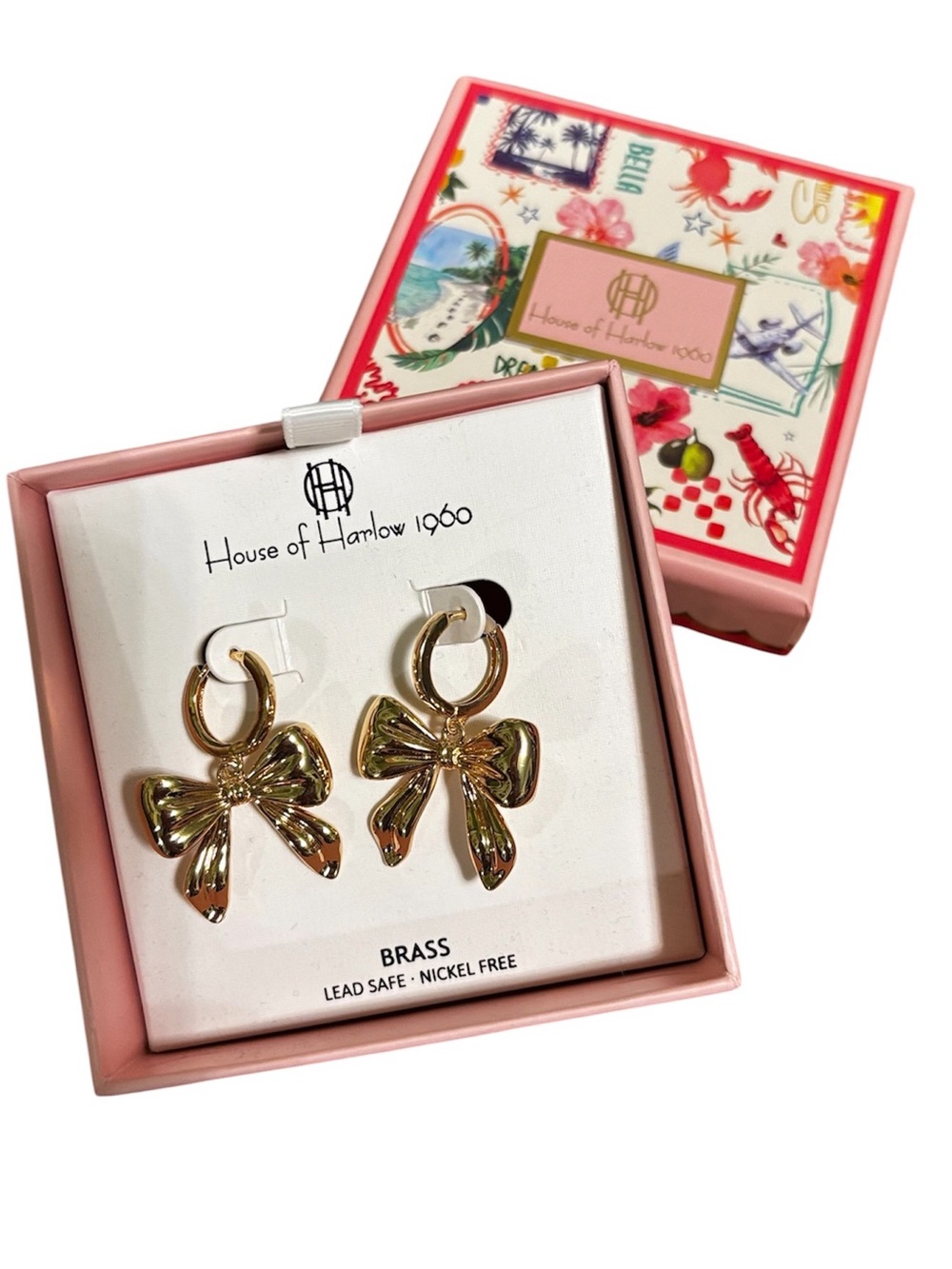 House of Harlow 1960 Gold Bow Dangle Hoop Earrings NIB